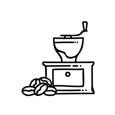 Kahve çekirdeği ve öğütücü ikonu. El çizimi vektör çizimi. Düzenlenebilir satır vuruşu