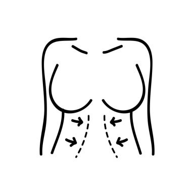 Kadınlar estetik ameliyatla yüzleşir. Karın kası düzeltme prosedürü. Vücut hatları. El çizimi vektör çizimi. Düzenlenebilir satır vuruşu