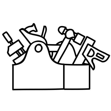 Ahşap alet kutusu simgesindeki araçlar. El çizimi vektör çizimi. Düzenlenebilir satır vuruşu