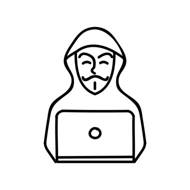 Hacker ikonu. Teknoloji bilgisayarı. El çizimi vektör çizimi. Düzenlenebilir satır vuruşu.