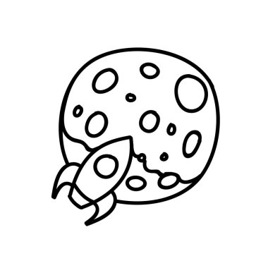 Roket anad gezegen ikonu. Ay konseptine. Şifreli para birimi. El çizimi vektör çizimi. Düzenlenebilir satır vuruşu.