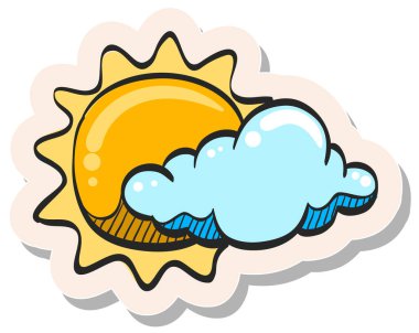 Elle çizilmiş hava tahminleri, etiket biçimi vektör illüstrasyonunda kısmen güneşli ikon