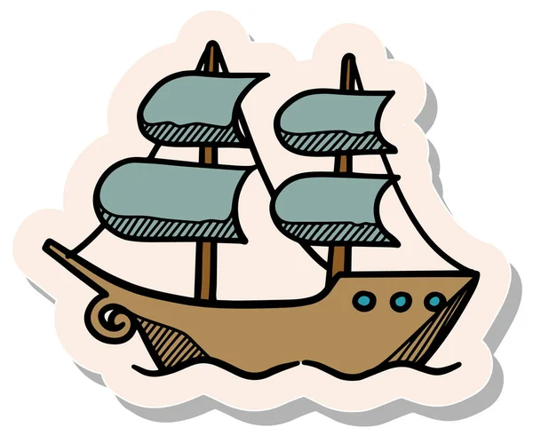 Handgetekende Piraten Schip Iconen Sticker Stijl Vector Illustratie — Stockvector