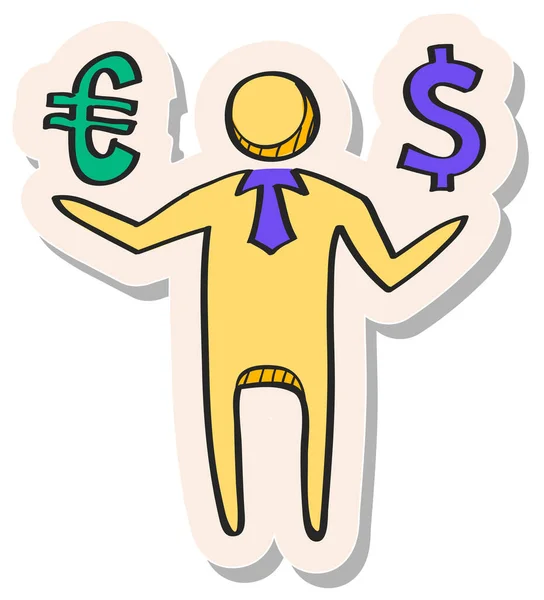 Handgezeichneter Geschäftsmann Mit Euro Und Dollar Zeichenvektorillustration — Stockvektor