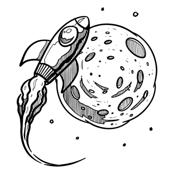 Racheta Spațială Bitcoin Apropie Planetă Ilustrație Vectorială Desenată Manual — Vector de stoc