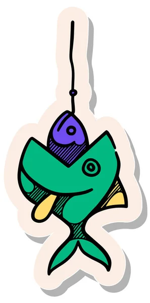 Ручная Рисованная Рыба Поедающая Иконку Приманки Стиле Наклейки — стоковый вектор