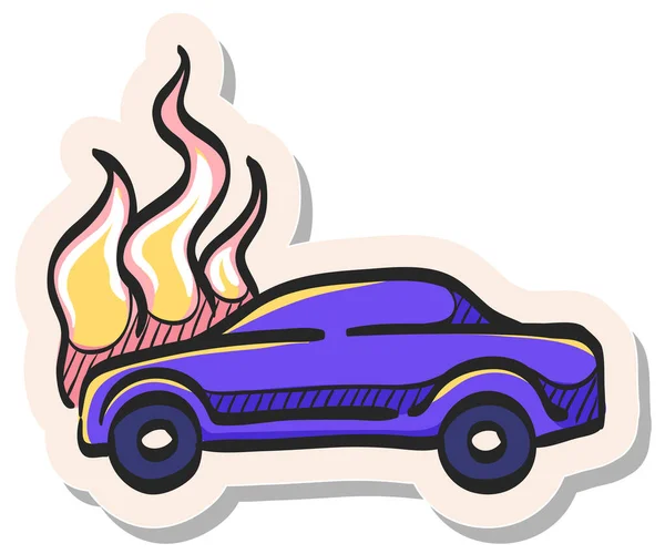 Coche Dibujado Mano Icono Fuego Ilustración Vectorial Estilo Pegatina — Vector de stock