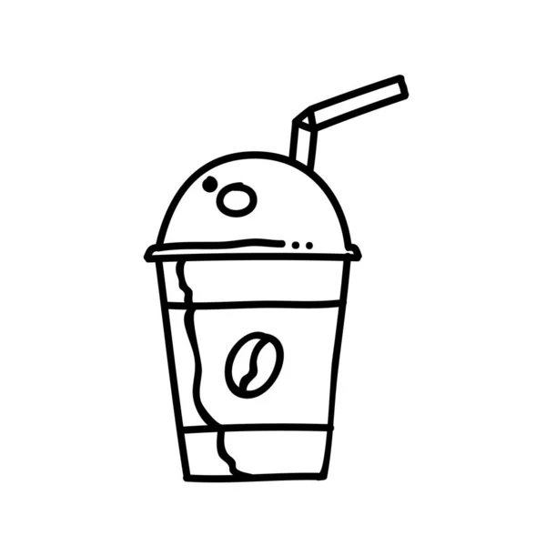 ストローアイコン付きのコーヒー飲料プラスチックカップ 手描きベクトルイラスト 編集可能なラインストローク — ストックベクタ