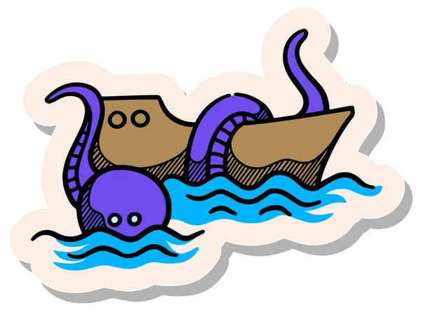 Hand Drawn Ship Giant Octopus Icon Sticker Style Vector Illustration — Stock Vector
