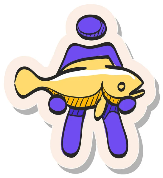 Dibujado Mano Hombre Sosteniendo Icono Pescado Ilustración Vectorial Estilo Etiqueta — Vector de stock