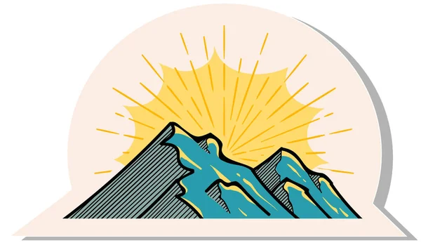 Montagne Disegnate Mano Con Raggi Sole Stile Adesivo Vettoriale Illustrazione — Vettoriale Stock