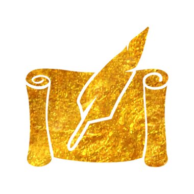 Altın folyo doku illüstrasyonunda el çizimi Harf kalem simgesi