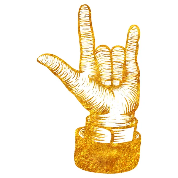 Mão Desenhado Amo Você Gesto Dedo Xilogravura Folha Ouro Textura — Vetor de Stock