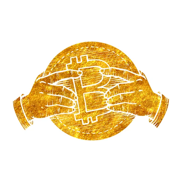 Mano Celebración Moneda Bitcoin Lámina Oro Textura Vector Ilustración — Vector de stock