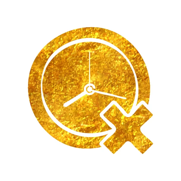 Orologio Disegnato Mano Con Croce Segno Icona Foglia Oro Texture — Vettoriale Stock