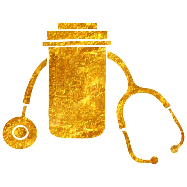 Ręcznie Rysowane Tabletki Butelka Stetoskop Ikona Złotej Folii Tekstury Wektor — Wektor stockowy