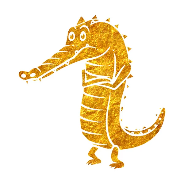 Handgetekende Gouden Folie Textuur Depressieve Alligator Cartoon Karakter Vectorillustratie Vectorbeelden