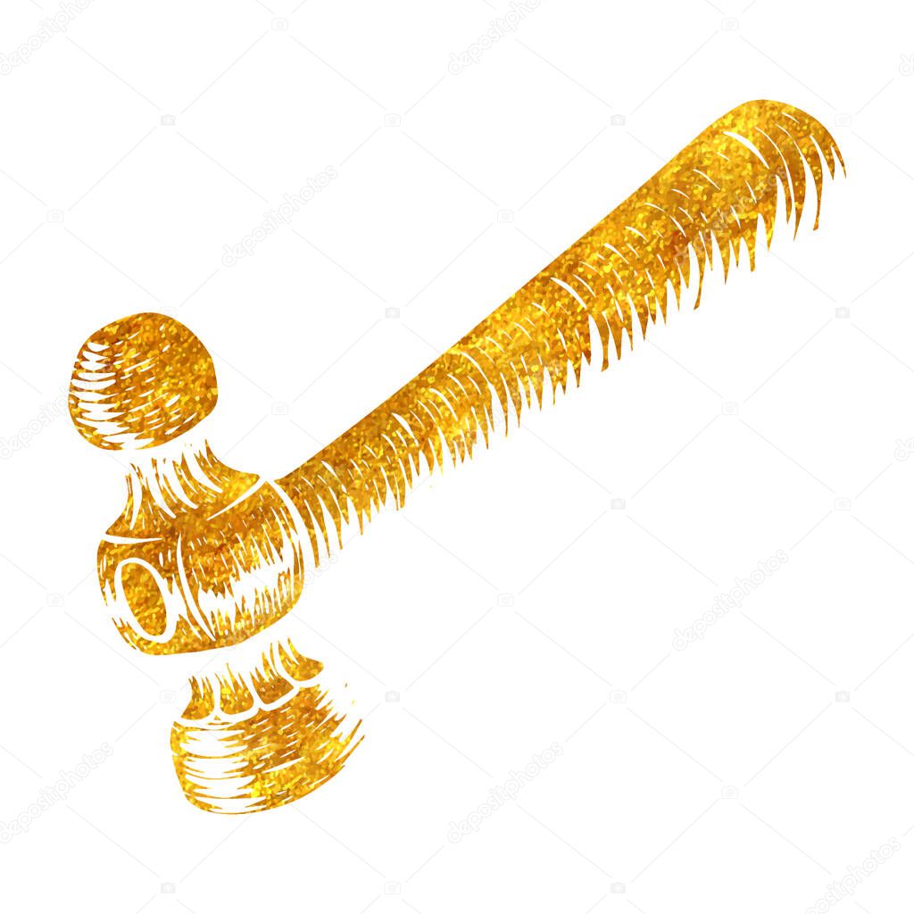 Hand drawn ball-peen hammer in woodcut woodworking tool in gold foil texture vector illustration