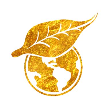 Altın folyo doku çizimi ile yaprak simgesi ile el çizimi Globe