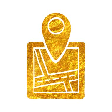 Altın folyo doku çizimi illüstrasyonunda elle çizilmiş Pin konumu haritası simgesi
