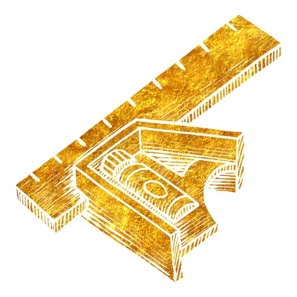 Χέρι Ζωγραφισμένο Εικονίδιο Χάρακα Εργαλείο Ξυλουργικής Χρυσό Φύλλο Υφή Διάνυσμα — Διανυσματικό Αρχείο