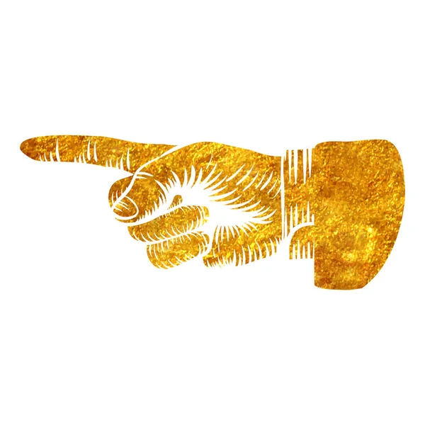 Dibujado Mano Señalando Dedo Índice Boceto Retro Lámina Oro Textura — Vector de stock