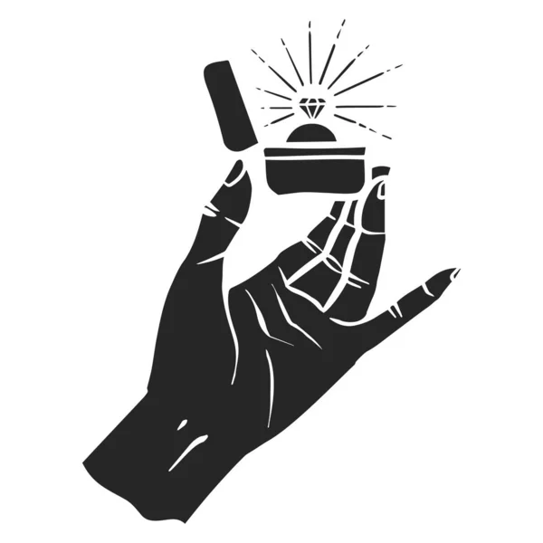 Рука Намальована Іконка Рука Тримає Алмазну Кільцеву Коробку Векторні Ілюстрації — стоковий вектор