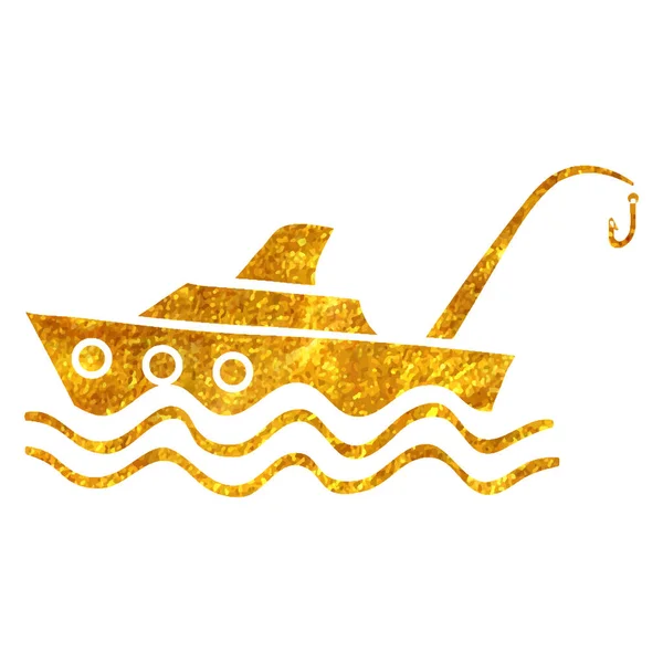 Ícone Barco Pesca Desenhado Mão Folha Ouro Textura Vetor Ilustração — Vetor de Stock