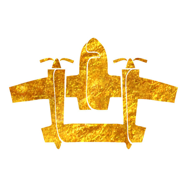 Hand drawn Vintage airplane icon in gold foil texture vector illustration