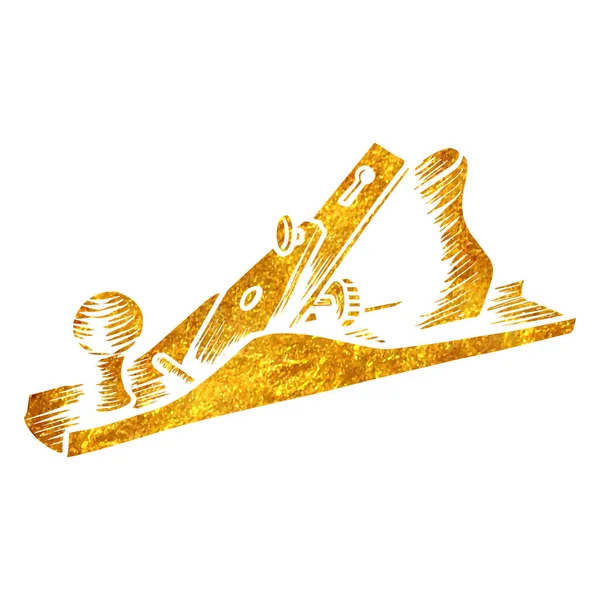 Hand Drawn Hand Plane Icon Woodworking Tool Gold Foil Texture — Stock Vector