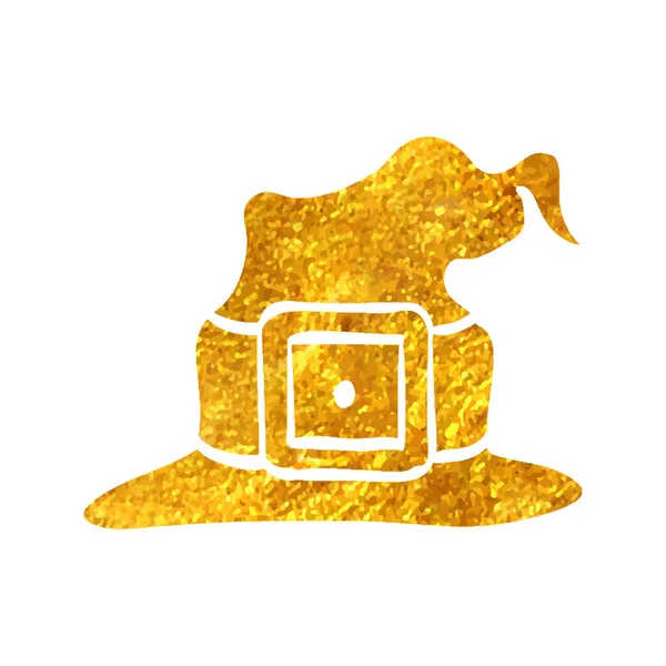 Icono Sombrero Bruja Dibujado Mano Lámina Oro Textura Vector Ilustración — Vector de stock