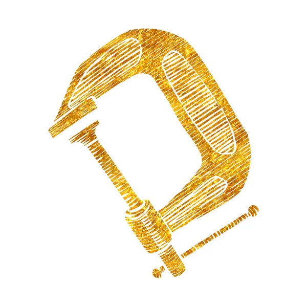 Handgezeichnetes Klemmsymbol Holzbearbeitungswerkzeug Goldfolie Textur Vektor Illustration — Stockvektor
