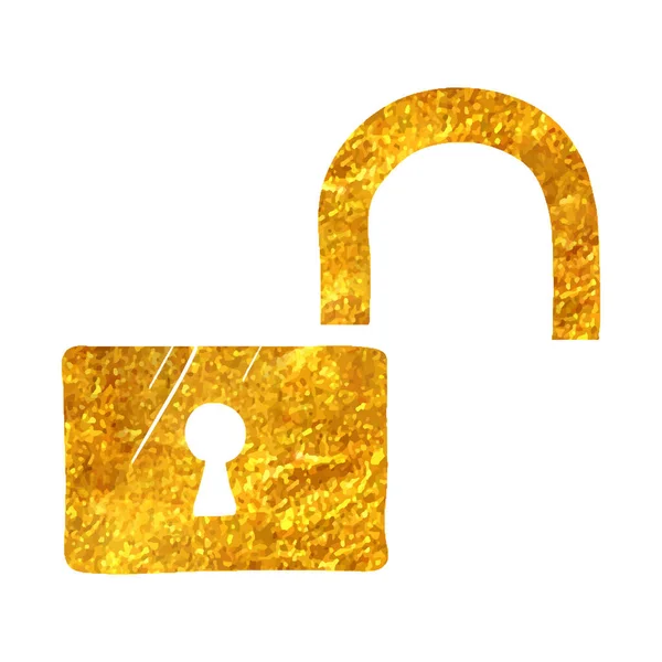 Hand Drawn Padlock Unlocked Icon Gold Foil Texture Vector Illustration — Stock Vector