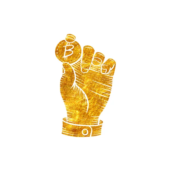 Mano Celebración Moneda Bitcoin Lámina Oro Textura Vector Ilustración — Archivo Imágenes Vectoriales