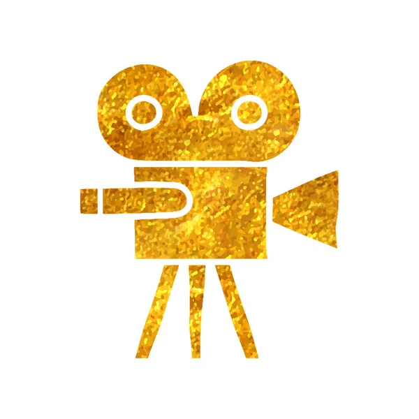 Hand Drawn Movie Camera Icon Gold Foil Texture Vector Illustration — Stock Vector