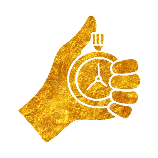 Hand Drawn Hand Holding Stopwatch Icon Gold Foil Texture Vector — Stock Vector