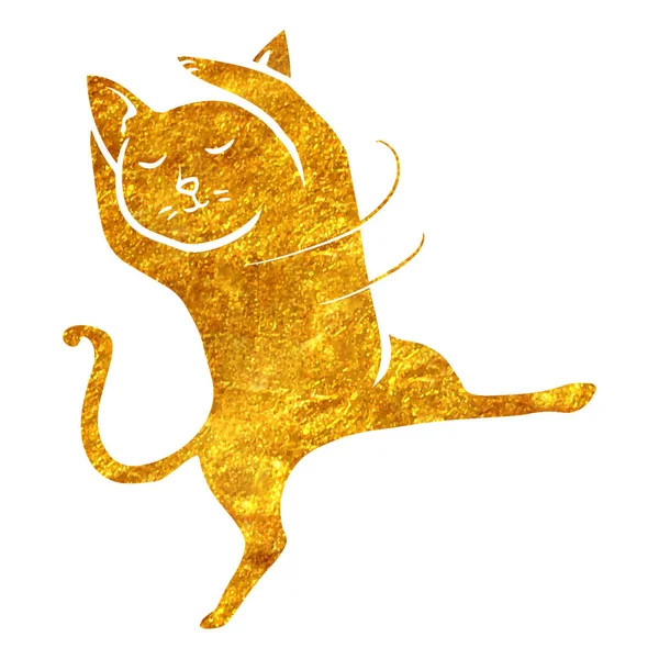 Hand Drawn Gold Foil Texture Dancing Cat Vector Illustration — Stock Vector