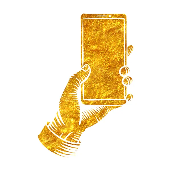 Hand Dras Hand Håller Smart Telefon Mall Vintage Skiss Guld — Stock vektor