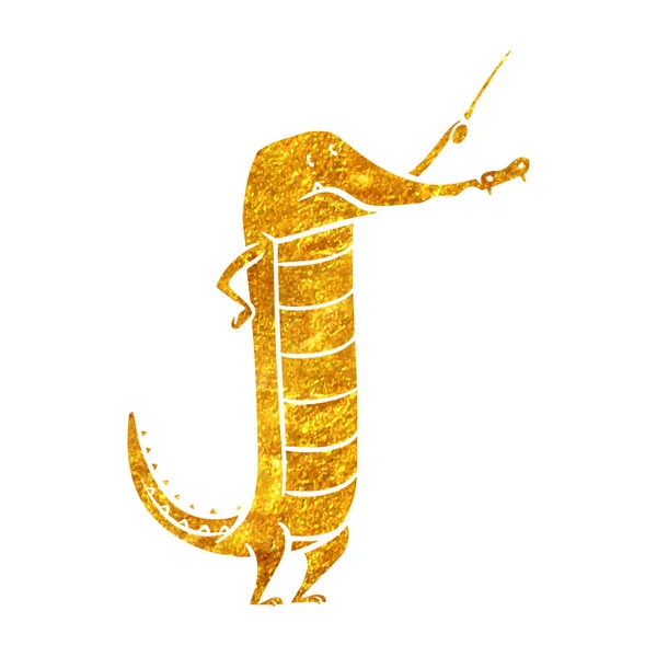 Hand Drawn Gold Foil Texture Crocodile Holding Stick Vector Illustration — Stock Vector