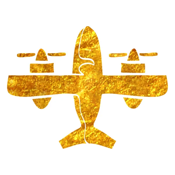 Hand Drawn Vintage Airplane Icon Gold Foil Texture Vector Illustration — Stock Vector