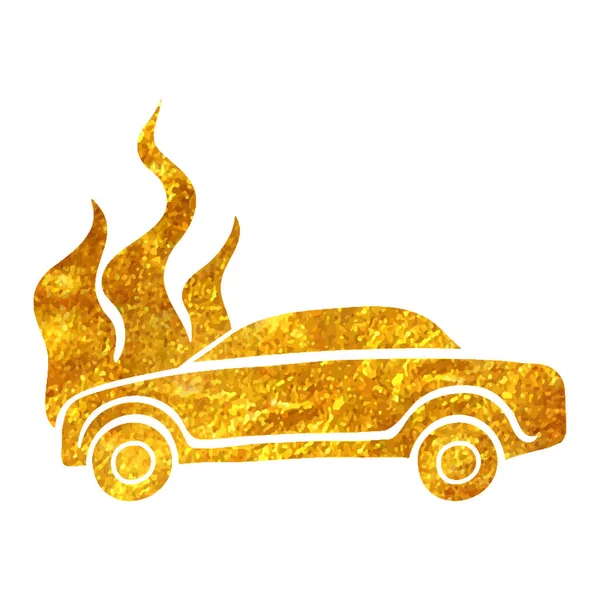 Coche Dibujado Mano Icono Fuego Ilustración Vector Textura Lámina Oro — Vector de stock