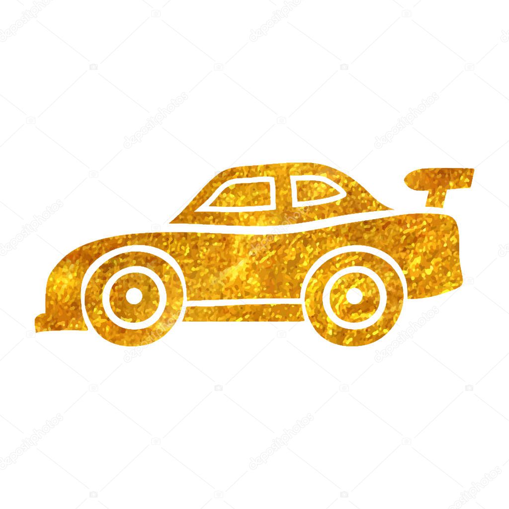 Hand drawn Race car icon in gold foil texture vector illustration