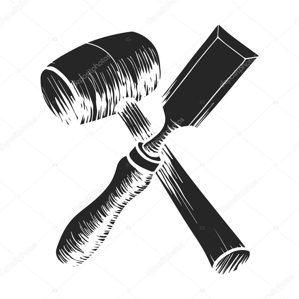 Hand drawn chisel and mallet icon woodworking tool vector illustration