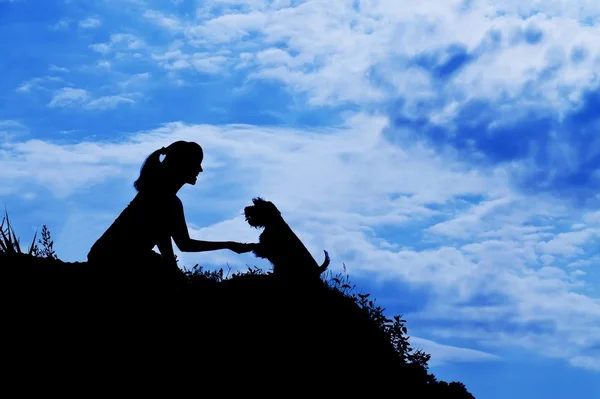 Silhouette of girl train a dog — Stock Photo, Image