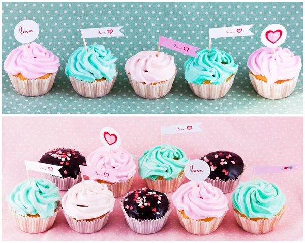 Cupcakes gourmands avec des cœurs — Photo