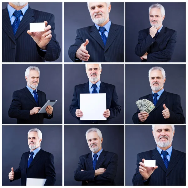 Hombre de negocios guapo sosteniendo tarjeta en blanco — Foto de Stock