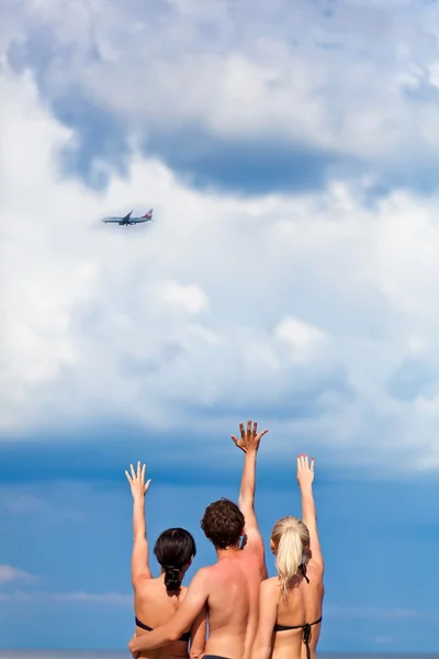 Are pulling your hands up to the plane — Stock Photo, Image