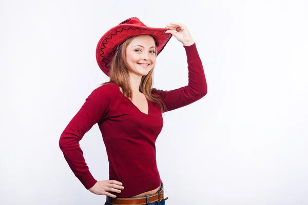 Krásná žena v kovbojském klobouku, izolované na bílém pozadí — Stock fotografie