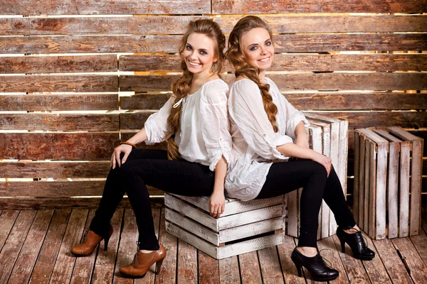 Beautiful happy twins sitting back to back — Stock Photo, Image