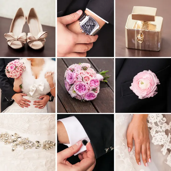 婚礼 accsessories 与玫瑰花束的拼贴画 — 图库照片